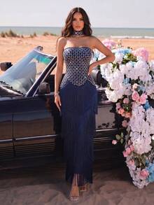 New Sexy Sleeveless Strapless Shiny Heavy Rhinestone Decorated Backless Fitted Asymmetrical Tassel Hem Bandage Maxi Dress Party Wedding Gown - Royal Blue - View 1