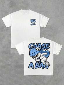 GiftBear Men's Casual T-Shirt With Cartoon Print, Streetwear Style, Double-Sided Print, 100% Cotton, Chase A Bag Theme, Soft - 白色 - 查看 7