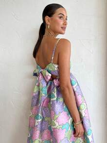Vestido tirantes estampado amplio espalda descubierta estilo casual europeo elegante moda femenina verano - Azul lavado medio - Ver 9