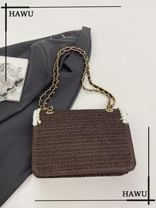 Fashion Pearl Design Straw Shoulder Bag, Small Square Bag For Beach Vacation - Coffee - View 5