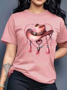 Camiseta playera gráfica dama mujer manga corta cuello redondo casual cómoda fresca ligera moderna juvenil corte regular estampado sombrero vaquero cowboy cowgirl corazón lazo cuerda boho bohemio - Rosa - Ver 6