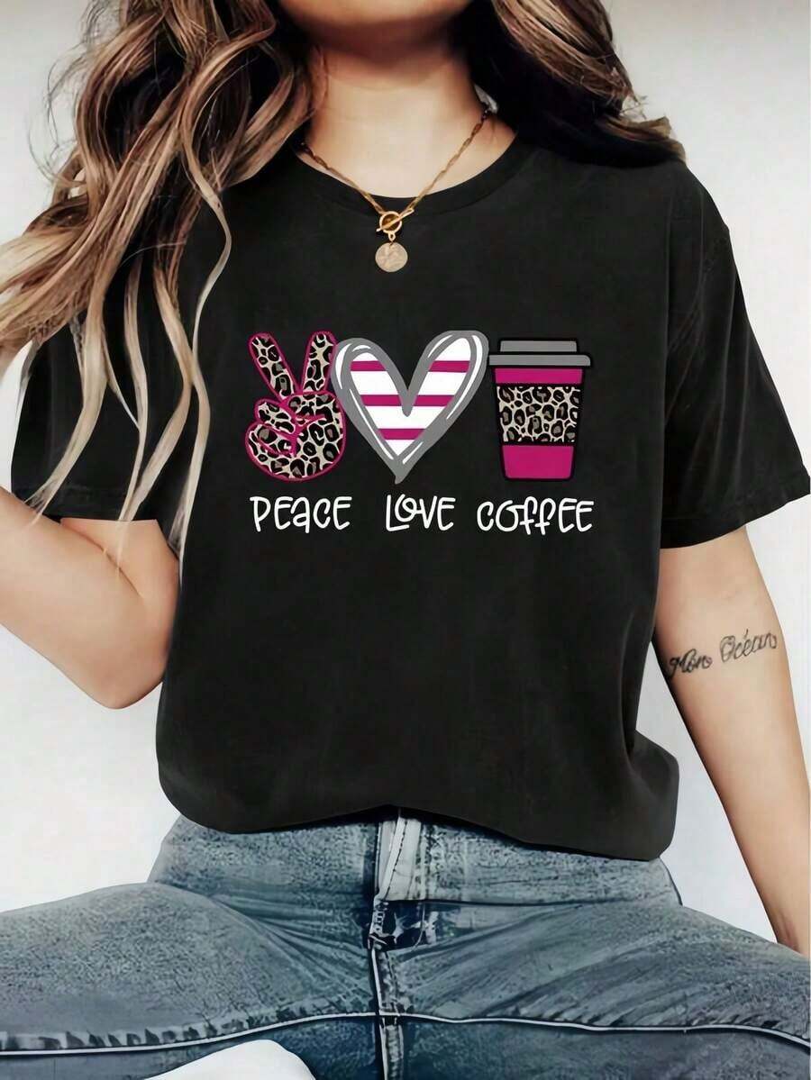 Camiseta Estampada Con Cuello Redondo - Camiseta Estampada Gráfica De Modara Mujer - Camiseta Informal De Manga Corta Con Cuello Redondo - Ligera Y Transpirable Para Guardarropa De Primera Y_42 Round Neck Printed Short Sleeve Casual Everyday T-Shirt, They Are Excellent Gifts For Friends And Family,100% Cotton T-Shirts Feature, A Youthful And Fashionable Design blusas para mujer camisa - Negro - Ver 1