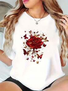 Women's Basic Graphic Print T-Shirt, Short Sleeve, Crew Neck, Pink Roses, Flower, Floral, 3D, Leaves, Nature, Butterfly, Y2K Aesthetic, Regular Fit, Casual, Comfortable, Cool, Lightweight, Soft, Modern, Youthful, Romantic, Bohemian, For Home, Everyday, Day, Beach, Spring, Summer, Rocker-Vintage Street Style, Unisex Cotton Short Sleeve Crew Neck T-Shirt - 白色的 - 查看 6