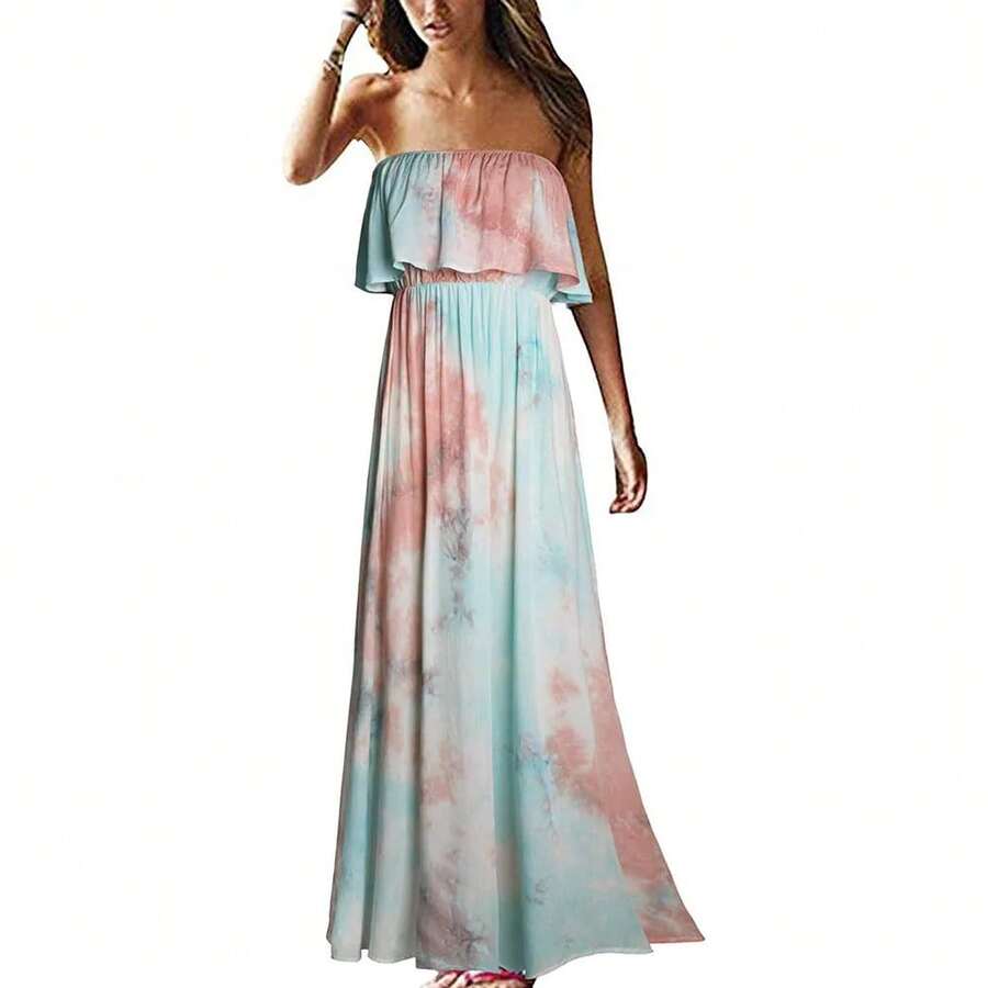 Vestido estampado de primavera y verano para mujer, prenda sin mangas en el pecho, vacaciones y playa, Europa y Estados Unidos, novedad de 2024 - Azul cielo - Ver 1