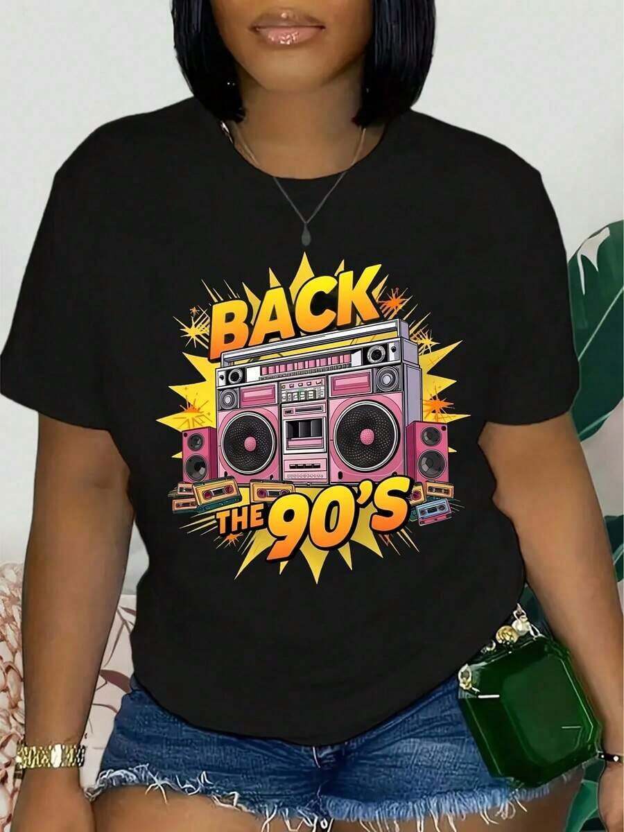 ropa de mujer Camiseta Gráfica Retro de los 90 para Mujer - Top Ligero y Transpirable con Cuello Redondo - Revive la Nostalgia de la Música de los 90 - Lavable a Máquina, Moda de Primavera, Ajuste Cómodo, Camiseta de Manga Corta, Ropa Casual, camisas de mujer - Negro - Ver 1