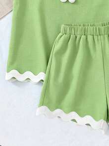 2pcs/Set Girls' Summer Casual Sleeveless Top And Solid Color Shorts Set - Green - View 3