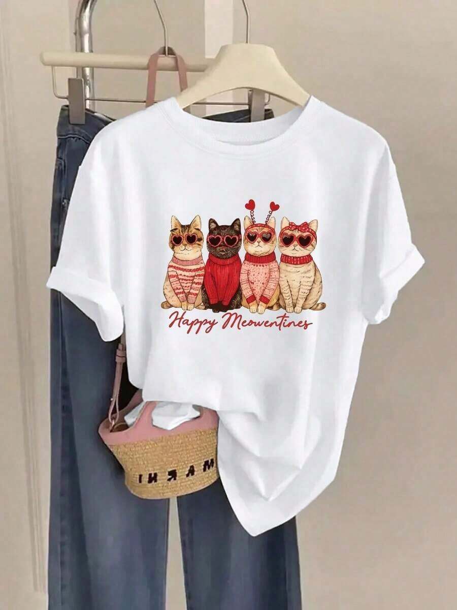 Camisetas de talla grande para mujer - Camiseta holgada de hombros caídos, camisetas casuales de manga corta, camiseta de manga corta - Día de San Valentín, estampado de moda de gato - Camiseta de manga corta estampada, versátil y transpirable para mujer, moda primavera/verano - Transpirable y cómoda - Blanco - Ver 1