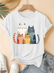 Primavera/Verano 2026, Nueva Camiseta de Manga Corta para Mujer con Cuello Redondo y Estampado de Familia de Gatos en Acuarela, Estilo Vintage Desgastado, Top Casual, Tejido de Punto Suave, Ropa de Mujer de Alta Calidad. | Diseño Divertido y Original | Adecuado para uso diario en primavera y verano. | Top divertido y rejuvenecedor - Blanco - Ver 1