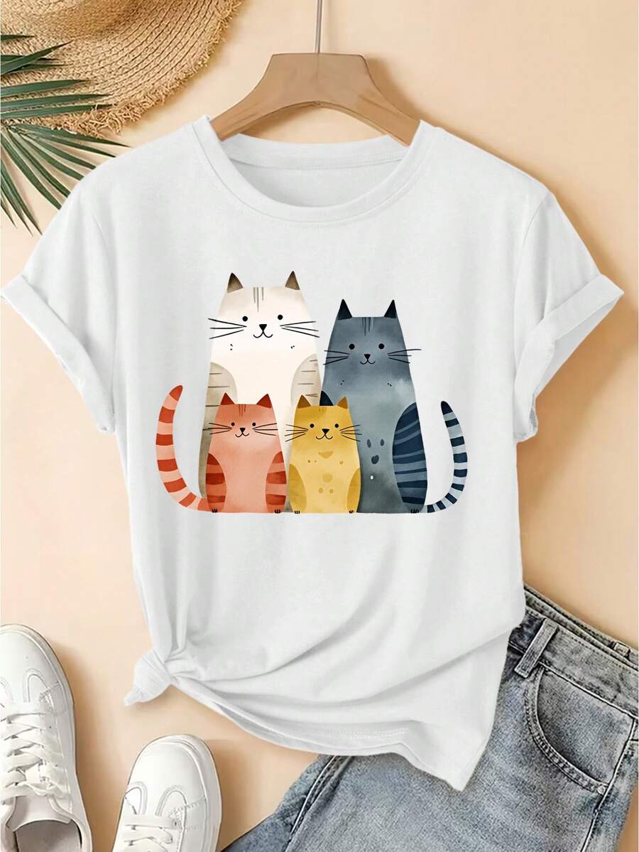 Primavera/Verano 2026, Nueva Camiseta de Manga Corta para Mujer con Cuello Redondo y Estampado de Familia de Gatos en Acuarela, Estilo Vintage Desgastado, Top Casual, Tejido de Punto Suave, Ropa de Mujer de Alta Calidad. | Diseño Divertido y Original | Adecuado para uso diario en primavera y verano. | Top divertido y rejuvenecedor - Blanco - Ver 1