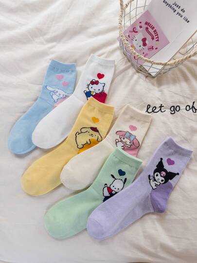  5 pares de calcetines hasta el tobillo de Hello Kitty y My Melody de Sanrio para mujer, calcetines finos, suaves y transpirables que estilizan, con una paleta de colores frescos y diseños únicos para uso diario, perfectos para atuendos de primavera y verano, colores aleatorios