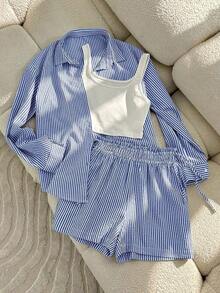 Conjunto casual diario de mujer con camiseta de tirantes de unicolor y blusa de manga larga a rayas de solapa única con pantalones cortos - Azul - Ver 3
