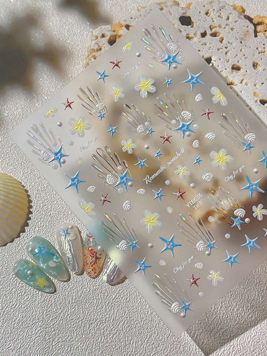 海洋系列美甲贴纸,海星和贝壳美甲装饰 - 彩色 - 查看 1