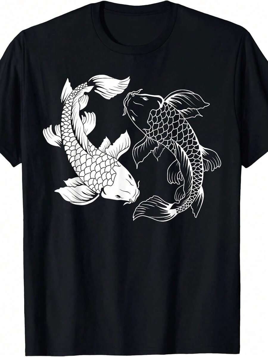Men'S Japanese Koi Fish T-Shirt - Black Yin Yang Design With White Koi, Casual Crew Neck Tee For Everyday & Formal Wear, All-Season Comfort Fit Shirt For Japanese Culture Fans & Aquarium Lovers, Koi Fish Decor, Medium Stretch Fabric, Traditional Japanese Design, Comfortable Fit, Breathable Material, Adult Clothing - màu đen - Xem 1