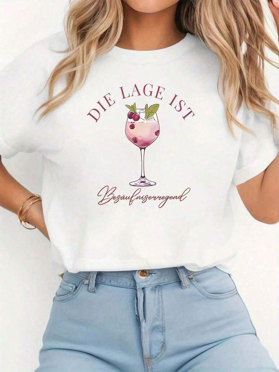 Camiseta de Mujer - Camiseta de Mujer con Diseño de Copa de Vino y Eslógan "German Awesome Vibe" - Decoración de Copa de Vino y Eslógan, Manga Corta Casual, Rosa-Blanco, Elegante para Fiestas, Reuniones y Uso Diario - Camiseta Casual de Manga Corta para Mujer, Talla Estándar, Camiseta Básica - Blanco - Ver 1