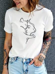 Camiseta de mujer con diseño de gato y arte de líneas faciales - Top de verano casual de manga corta, suave y transpirable, de secado rápido, lavable a máquina, perfecta para actividades al aire libre y ocio, camiseta de gato - [Blanco] - Ver 1