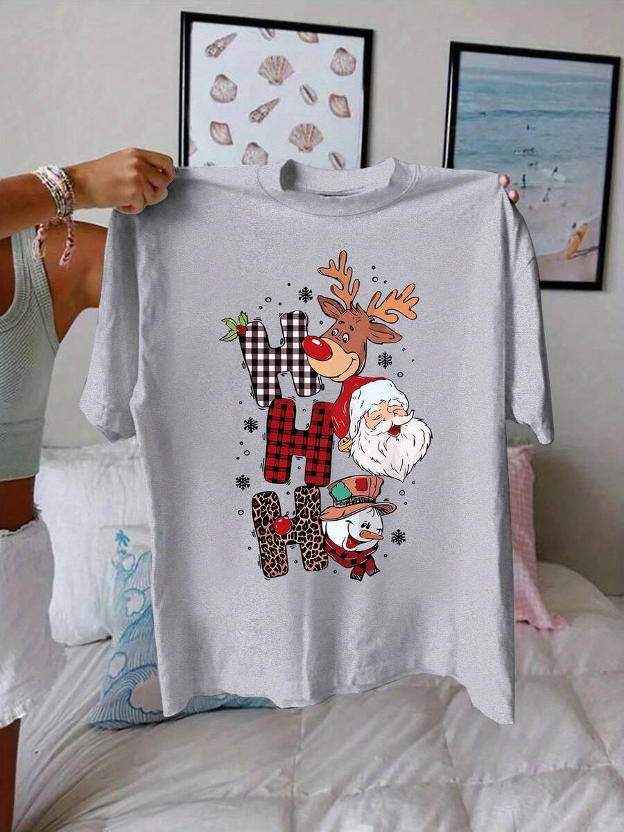 Top Casual de Manga Corta Talla Grande con Estampado Navideño y Cuello Redondo, Adecuado para Verano y Primavera, Ropa de Mujer. - Gris Claro - Ver 1