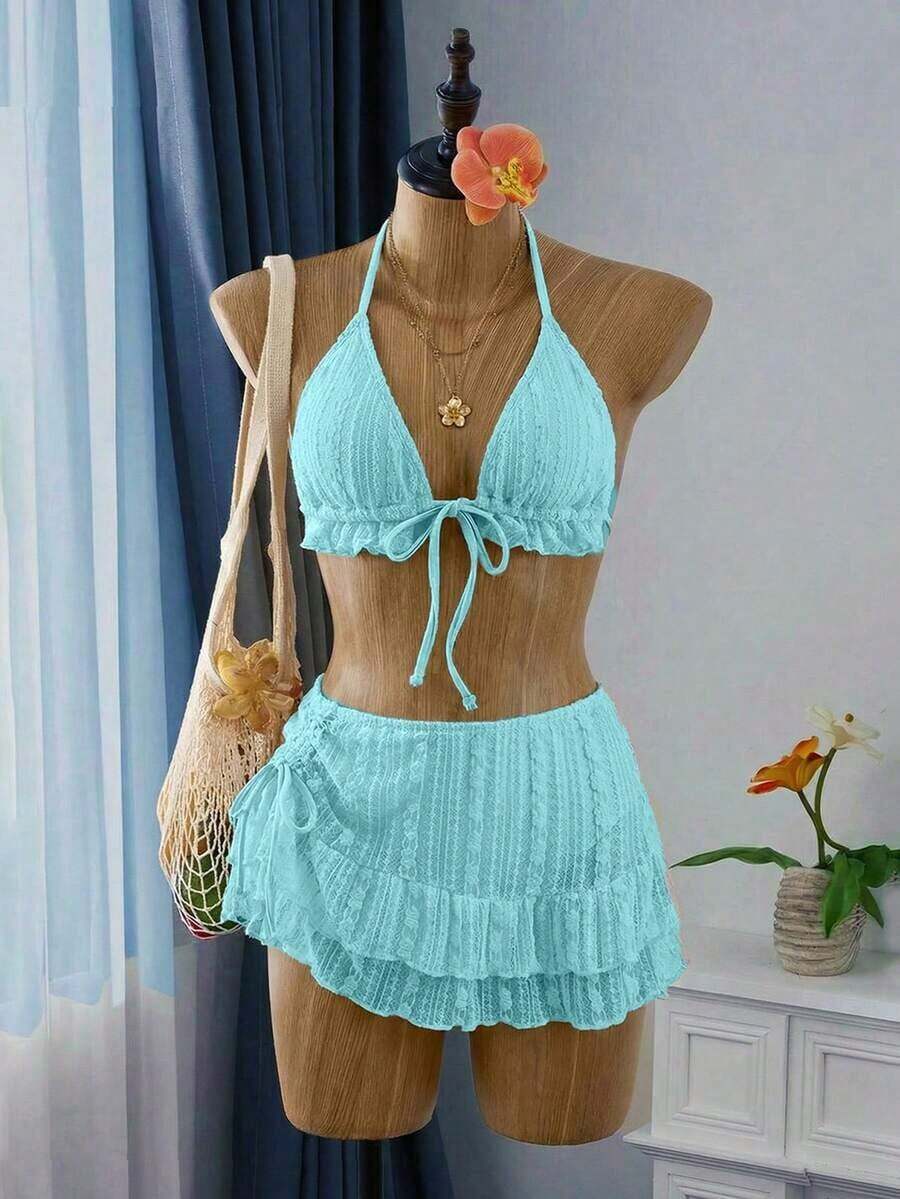 Conjunto de bikini y vestido de playa de tela de encaje color albaricoque dulce para mujer, vacaciones de verano - verde menta - Ver 1