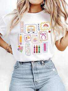 Women's Casual White Cotton T-Shirt, Short Sleeve Round Neck Drop Shoulder Tee, Regular Fit Top for Everyday Wear - Blanco - Ver 1