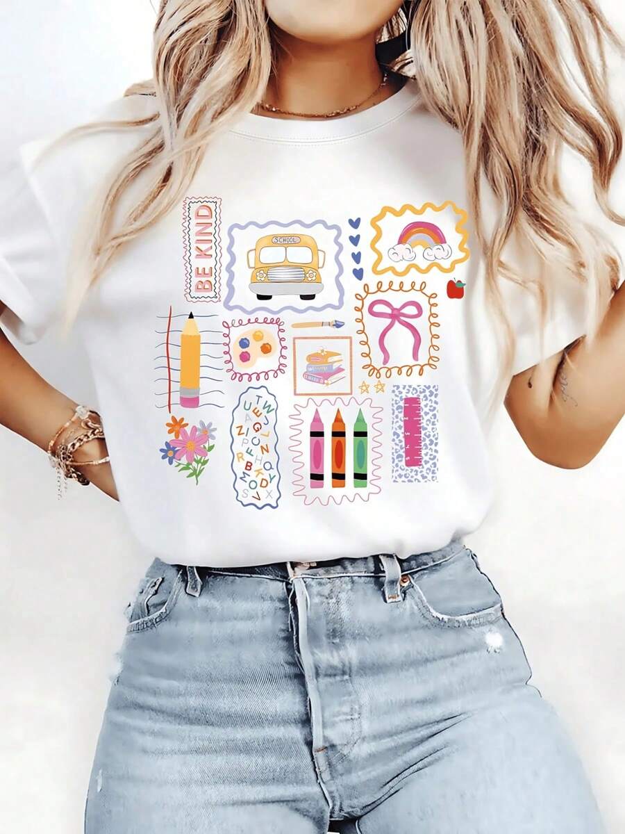 Women's Casual White Cotton T-Shirt, Short Sleeve Round Neck Drop Shoulder Tee, Regular Fit Top for Everyday Wear - Blanco - Ver 1
