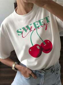 YOCASA Women's Casual Summer T-Shirt, Round Neck, Fitted Short Sleeve, With Oil Painting Print, Floral, Heart, Cherry And Letter Patterns. Simple Casual Fabric, Sporty Style, Ideal For Everyday Wear And Valentine's Day Dates. - 白 - 查看 2