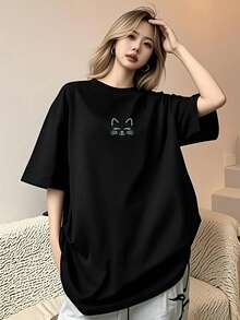 Talla Grande, Camiseta de Estilo Coreano para Mujer de Talla Grande - Blusa de Cuello Redondo de Alta Elasticidad con Estampado de Corazones y Diseño Adorable, Top Ligero Casual de Verano, para Amantes de la Moda, Material Transpirable, Diseño Divertido, Ajuste Cómodo, Envío Local - Negro - Ver 1