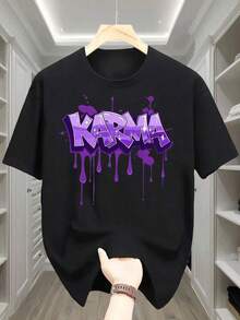 Camiseta Deportiva para Hombre, Estilo Urbano, con Estampado Gráfico de Letras 'Karma' en Morado Neón y Estrellas con Efecto de Pintura Goteando - Cuello Redondo, Manga Corta, Casual, Ajuste Cómodo, Moda Urbana, Diseño Relajado, Talla Grande - Negro - Ver 7
