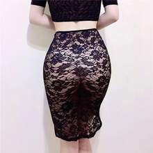 Falda Sexy de encaje transparente de cintura alta para mujer, falda ajustada para club nocturno, falda transparente ahuecada a la cadera, falda de moda OL - Negro - Ver 4