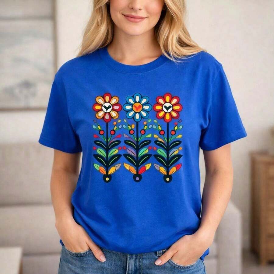 Women's Casual Cotton T-Shirt, Loose Fit, Short Sleeve With Colorful Floral Print, Casual Daily Wear, Soft And Breathable Fabric, Round Neck, Basic Summer Top, Sizes Up To 5XL. - 藍色 - 查看 1