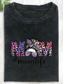 1 Piece Of Fashionable Leopard Print Washed Cotton T-Shirt For Mothers, High Quality Batik Cotton Vintage Fashion Brand T-Shirt, Women's T-Shirt, Popular For Daily Wear, Holiday Gift, Perfect Gift, 180g 100% Cotton. - 黑色 - 查看 12