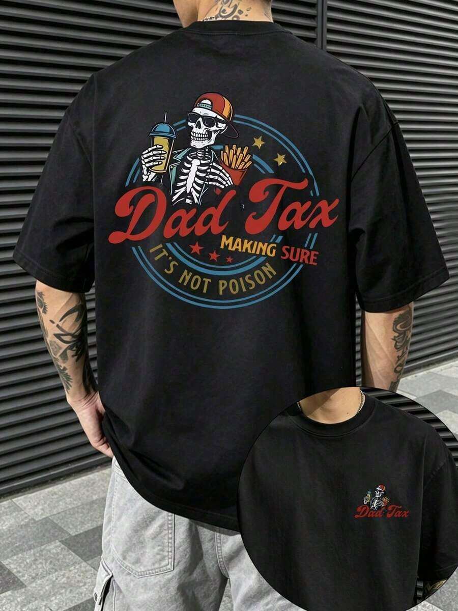 GiftAmerican Camiseta con Estampado de Calavera y Broma Humorística "Impuesto al Papá", Camiseta "Impuesto al Papá/ASEGURÁNDOTE/QUE NO ES ENEMICO", Camiseta Divertida y Graciosa, Camiseta Casual Urbana para Hombre, Camiseta de Manga Corta y Cuello Redondo de Algodón Puro Transpirable para Hombre, Uso Diario, Regalo para Hombre, Regalo Divertido. - Negro - Ver 1
