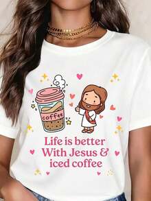 Camiseta Blanca Casual con Estampado de Dibujos Animados de Jesús y Café Helado, Diseño de Texto 'La Vida Es Mejor con Jesús y Café Helado', Regalo Cristiano para Mujeres, Ropa Casual de Verano, Moda - Blanco - Ver 1