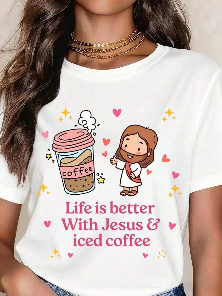 Camiseta Blanca Casual con Estampado de Dibujos Animados de Jesús y Café Helado, Diseño de Texto 'La Vida Es Mejor con Jesús y Café Helado', Regalo Cristiano para Mujeres, Ropa Casual de Verano, Moda - Blanco - Ver 1