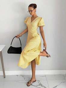 Vestido midi de mujer con mangas de pétalos a rayas - Amarillo - Ver 6