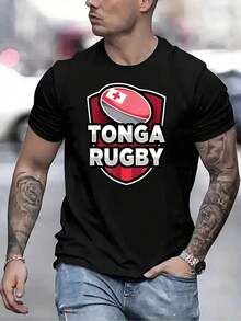 GiftMen's "Tonga Rugby" Graphic T-Shirt - Red Crew Neck, Short Sleeve, Casual Summer T-Shirt With Rugby  Design, Lightweight And Comfortable, Casual Summer Wear | Graphic Print Sports T-Shirt | Comfortable Fit, Rugby Accessories, Plus Size Loose Fit T-Shirt, Soft - 黑色 - 查看 7