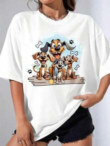 Camiseta Negra y Blanca para Niña, Camiseta de Cuello Redondo con Estampado de Perros y Huesos de Dibujos Animados, Ropa Casual para Mujeres y Hombres, para Fiestas al Aire Libre, Camiseta Estampada Casual de 180g - Blanco - Ver 7