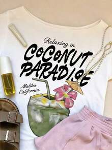 Camiseta Casual Minimalista para Mujer con Estampado de Letras, Cuello Redondo, Manga Corta, Versátil - Estilo Vintage Urbano, Unisex, de Algodón, Corte Holgado, Cuello Redondo, Blusas para Mujer. blusas.blusas casuales para dama. - Blanco 2 - Ver 4