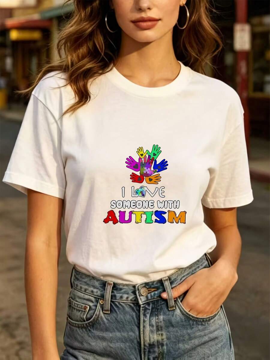 Modern T-Shirts For Everyday Wear. Autism Awareness T-Shirt. Soft And Comfortable 180g T-Shirt To Support People With Autism. Suitable For Family Team-Building Activities. Creative Group Gifts. Comfortable Clothing For Halloween Parties. - 白色 - 查看 1