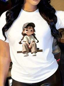 Loose1 pieza de camiseta suave para mujer para uso diario - Camiseta con diseño gráfico estilo anime, diseño minimalista, corte relajado, cuello redondo, ideal para atuendos casuales y eventos temáticos - Camiseta básica transpirable para uso diario, ropa versátil, diseño divertido, material cómodo, camiseta de manga corta, para amantes de la moda. 210g 100% algodón, todos los diseños están impresos. Camiseta unisex de algodón con cuello redondo básico para mujer - Negro - Ver 10