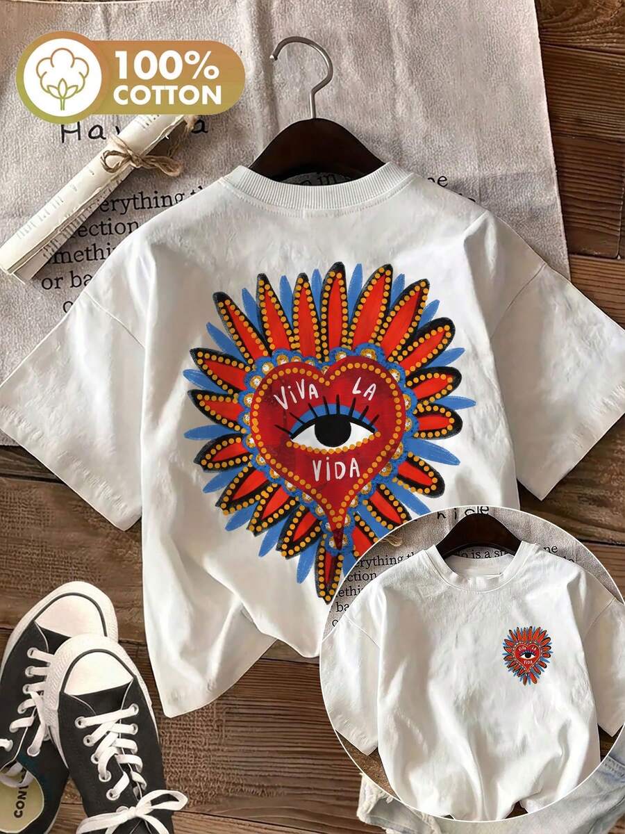 [Double-Sided Printing] Women's Bohemian Style Short-Sleeved Pure Cotton T-Shirt With Round Neck And Heart Eyes And Petal Print, Casual Summer Style. - 白色 - 查看 1