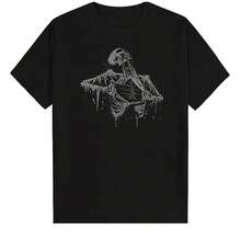 Camiseta Vintage Negra de Algodón con Estampado de Esqueleto Gótico de los 90, Cuello Redondo, Manga Corta, Corte Holgado, Ropa Casual, Lavable a Máquina, Camiseta de Algodón Resistente - Negro - Ver 7