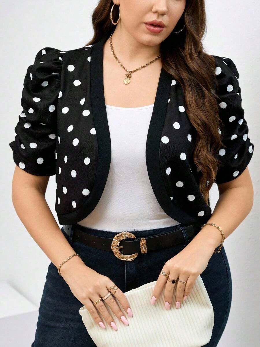 Chaqueta ligera de mujer talla grande en beige con mangas de encaje en contraste, de manga corta, versátil, elegante, atuendo de oficina para maestras en invierno, otoño, Día de San Valentín, trabajo, vacaciones, días festivos, verano - Negro - Ver 1