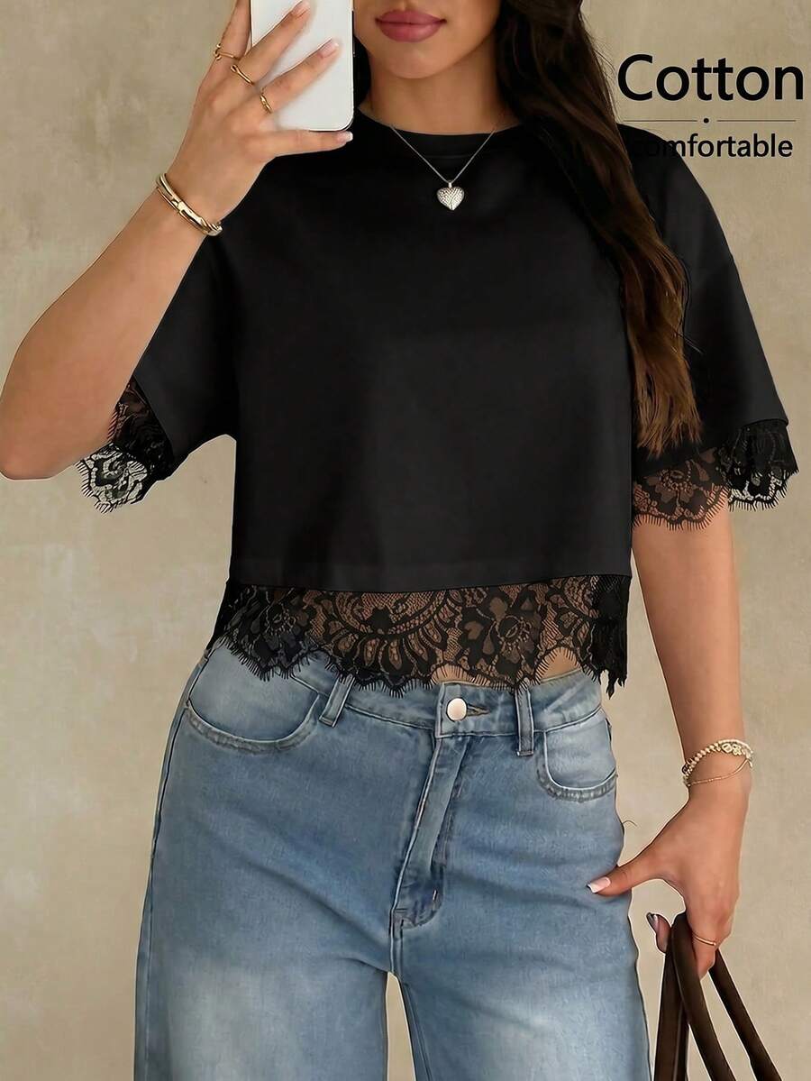 Pure Cotton Comfortable Versatile Lace Patchwork Casual Street Vacation T-Shirt Top, Spring/Summer Black, Effortless Style - Black - View 1
