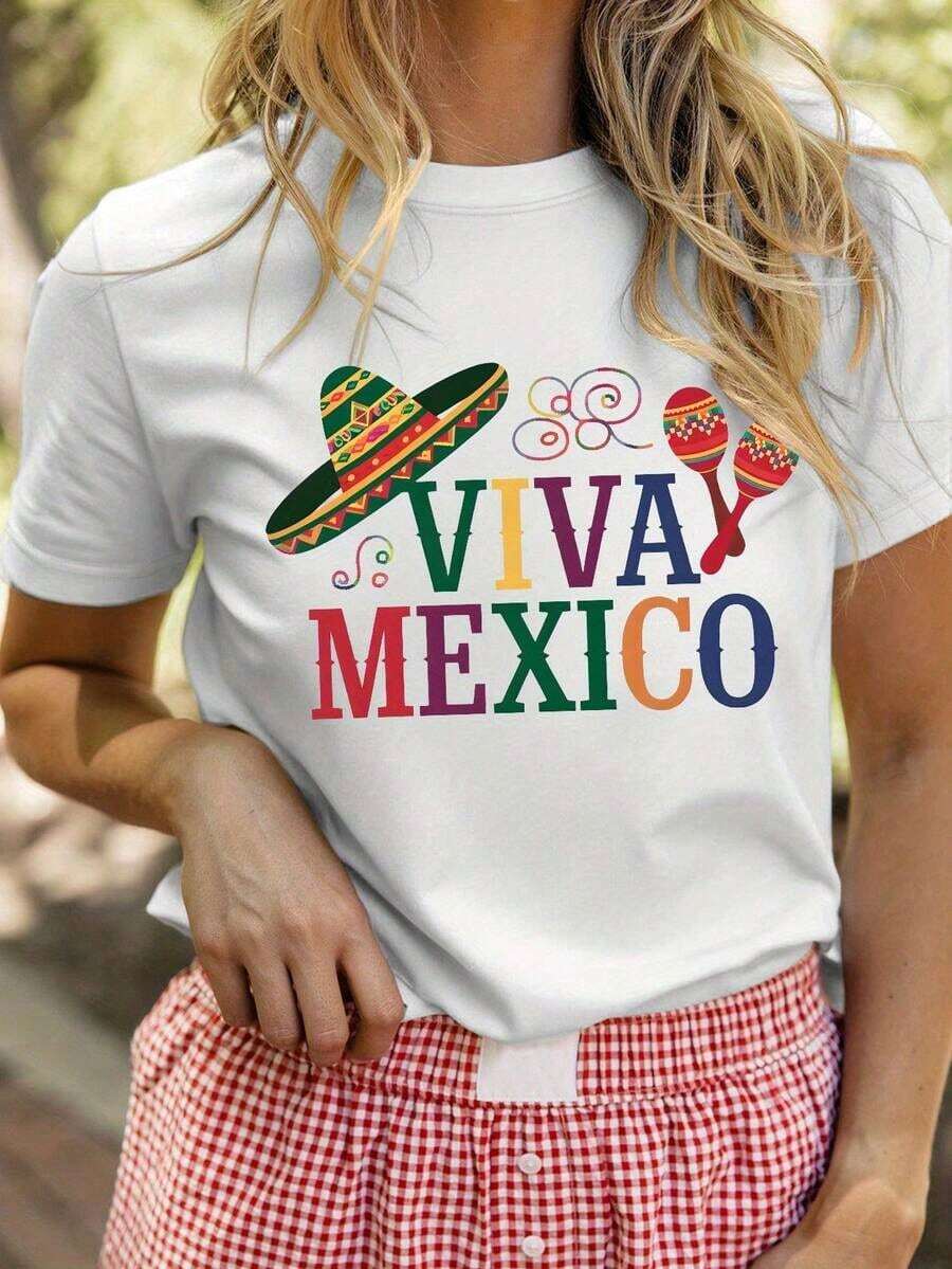 Camiseta de Manga Corta con Estampado Mexicano para Mujeres - Diseño de Sombrero y Maraca de MÉXICO, Tela de Fibra Sliky (Estiramiento Medio) Top Casual Semi-Transparente con Letras Estilo Mariachi - Atuendo de Fiesta Mexicana para Todas las Estaciones, - Ideal para el Verano - Blanco - Ver 1