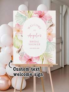 Customized Party Welcome Sign - A Tropical-Themed Welcome Sign With Editable Text Suitable For Beach Parties, Decorated With Hibiscus Flowers And Pink Floral Accents. This Personalized Welcome Sign Can Be Fully Customized With Your Event Details, Making It An Ideal Entrance Marker For Any Occasion - Whether It's A Birthday Celebration, Retirement Party, Wedding Ceremony, Or Other Festive Gathering. - Multicolor 06 - View 5