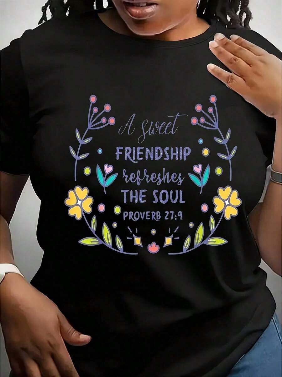 Camiseta Casual para Mujer - Frase "Una Dulce Amistad Refresca el Alma", Manga Corta, Patrón Geométrico, con Diseño Floral Colorido, Perfecta para la Moda de Verano y Regalos del Día de la Independencia, Camiseta Gráfica Divertida para Uso Casual, Ajuste Cómodo, Camisetas para Damas - Negro - Ver 1