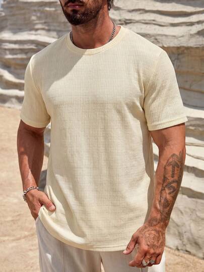 Men's Textured Plaid Round Neck Short Sleeve T-Shirt, Breathable Vintage Casual Top For Summer