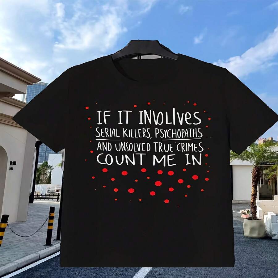 Camiseta exclusiva para el Día de la Independencia de la Mujer y el Día del Padre con estampado de temática de crímenes reales, colección de compras navide?as, estilo urbano, gráficos de dibujos animados, tejido transpirable, cuello redondo, perfecta para las compras navide?as. - Negro - Ver 1