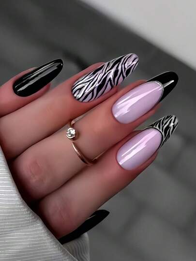 24 piezas de uñas postizas de almendra mediana con patrón minimalista romántico de cebra negro, estilo europeo y americano, adecuadas para fiestas, reuniones, vacaciones, que incluyen kit de herramientas y suministros de manicura