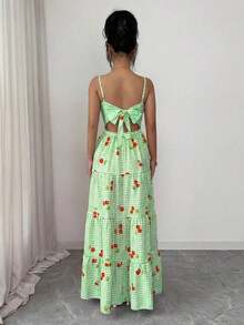 MSBreezaya Nuevo vestido vintage con estampado floral para cumpleaños y boda, de múltiples capas, patchwork, con lazo lindo para mujer.Vestido floral - Verde - Ver 2