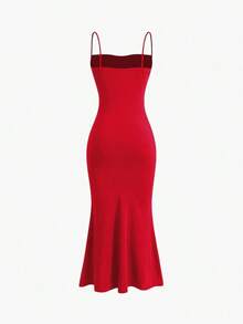 YHHSweetra Vestido casual de vacaciones de unicolor con tirantes de espagueti, fruncido y ajustado, para fiestas de Año Nuevo y vacaciones, vestido largo de terciopelo burdeos para mujerYHH - Rojo - Ver 2
